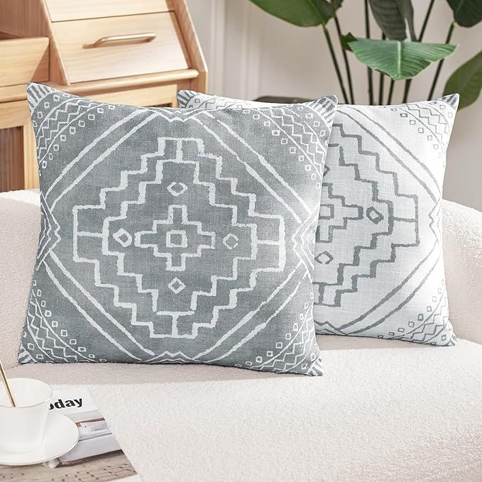 JINCHAN Boho Throw Pillow Covers Linen Geometric Pattern Gray Cushion Covers Modern Decorative Cu... | Amazon (US)