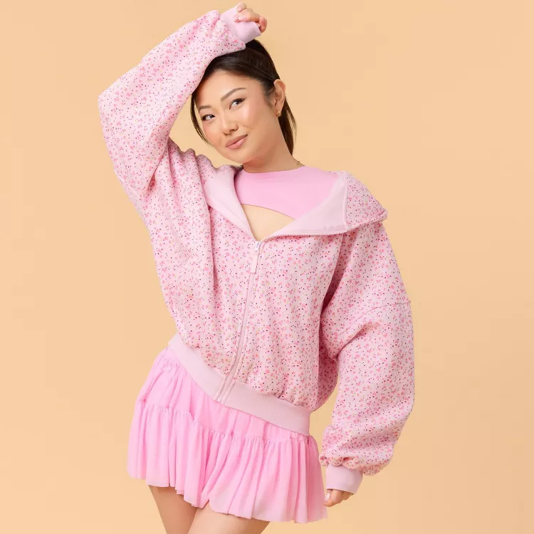 Blogilates Women's Mommy & Me Marshmallow Full Zip Hooded Sweatshirt - Pink Floral Print M | Target