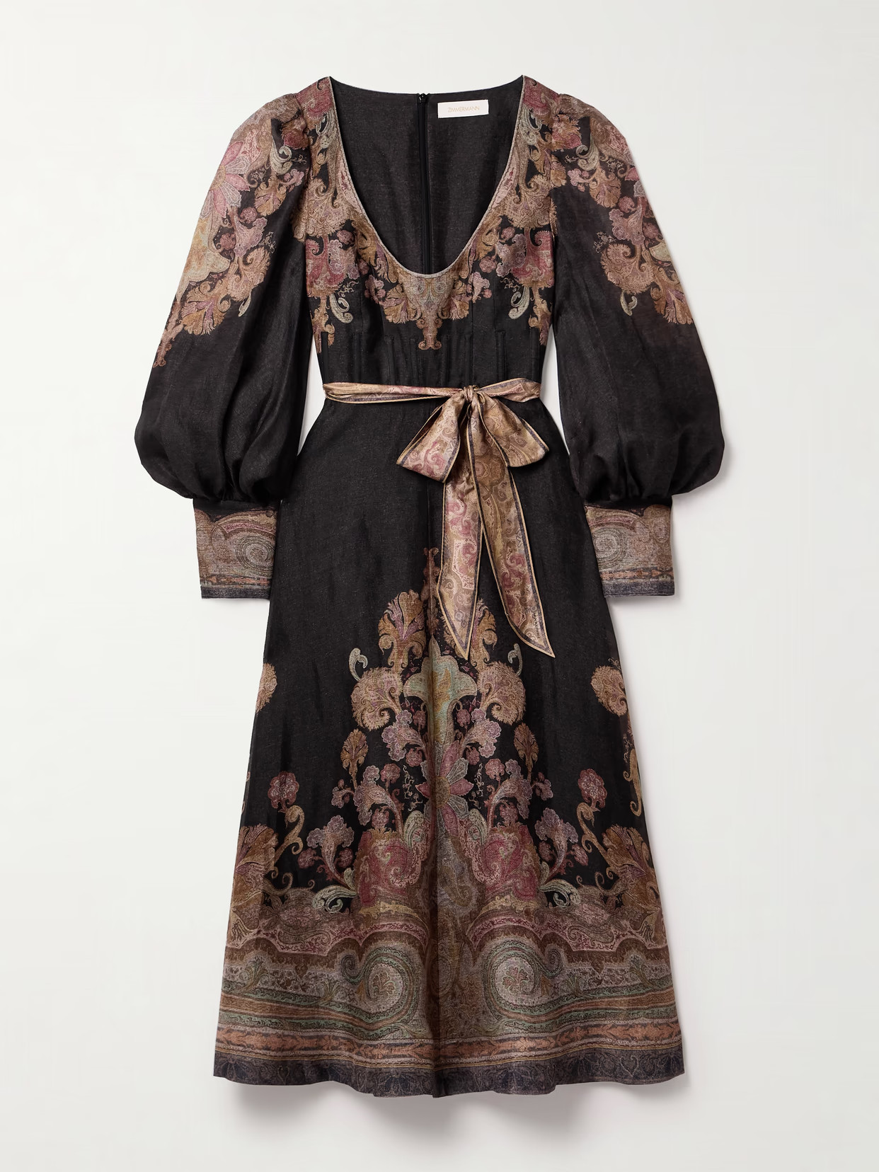 Zimmermann - Illustration Belted Printed Linen And Silk-blend Organza Midi Dress - Black | NET-A-PORTER (US)