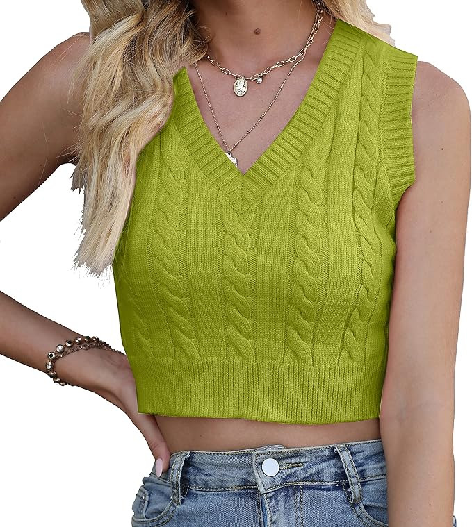 Longhong clothing Women's V-Neck Knit Sweater Vest Solid Color Sleeveless Crop Knit Vest Sweaters... | Amazon (US)