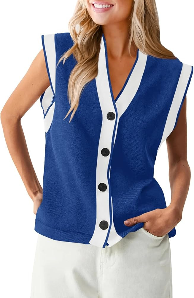Saodimallsu Womens V Neck Sweater Vest Button Down Cap Sleeve Summer Trendy Color Block Loose Kni... | Amazon (US)