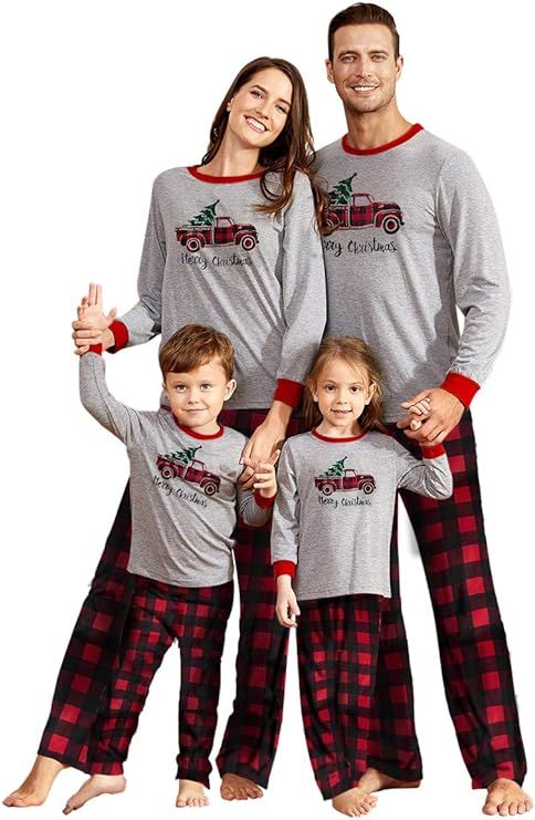 IFFEI Family Christmas Pajamas Matching Sets PJ's Sleepwear Printed Top and Plaid Pants with Pock... | Amazon (US)