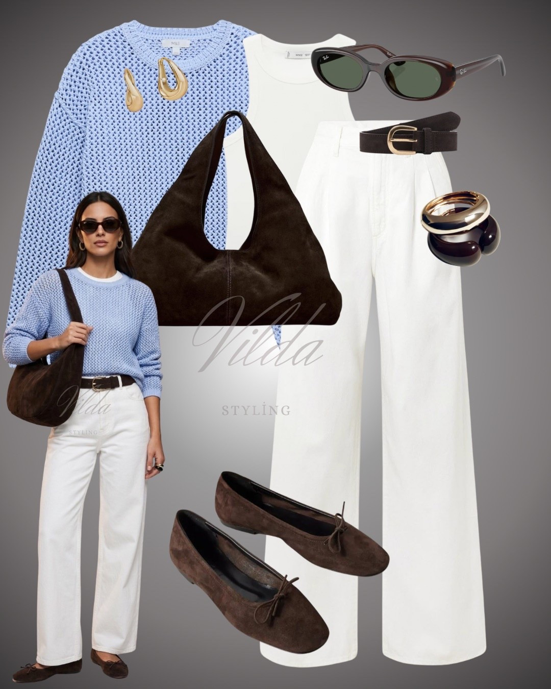 This look is the definition of "effortless chic." The combination of a soft blue open-knit sweater with crisp white wide-leg trousers creates a refreshing, airy palette that's perfect for transitional weather. #truousers #suedebag #shoes 

#LTKspring #LTKSeasonal #LTKUK