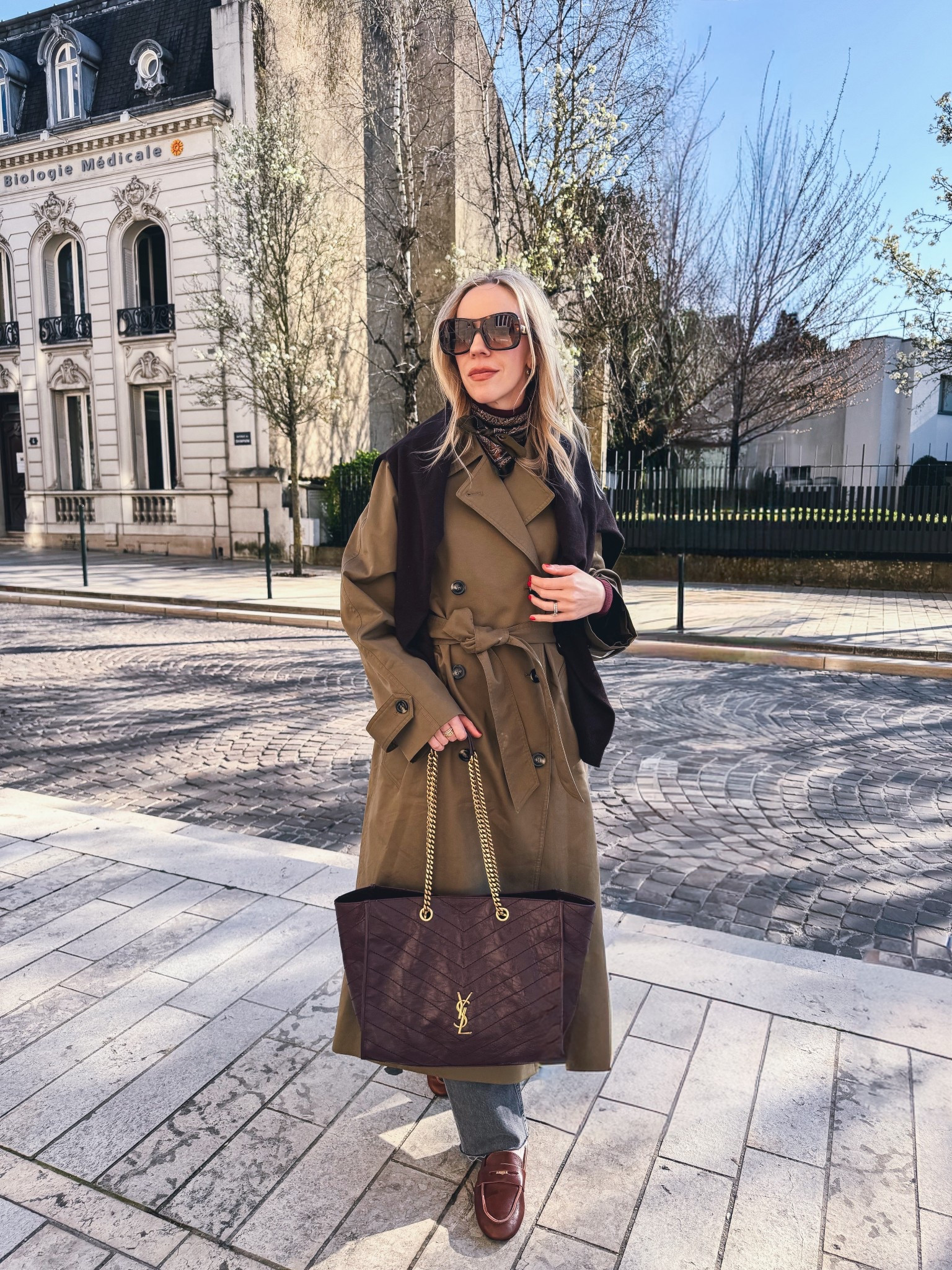 Spring outfit, travel outfit, olive green trench coat, silk scarf outfit, chocolate brown and burgundy, burgundy YSL tote bag

#LTKTravel #LTKSeasonal #LTKOver40