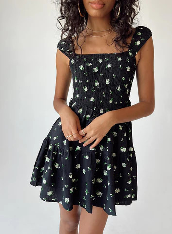 Cedarwood Mini Dress Black / Floral | Princess Polly US