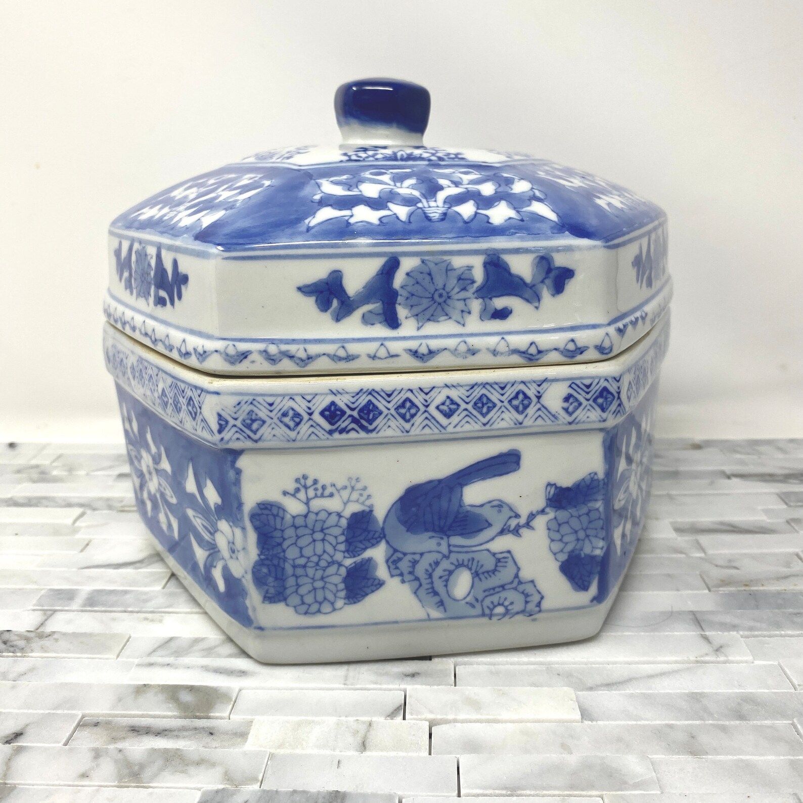 Vintage Chinese Ceramic Box, Blue White Asian FLoral Bird Motif Hexagon Jar with Lid, Vintage Asi... | Etsy (US)