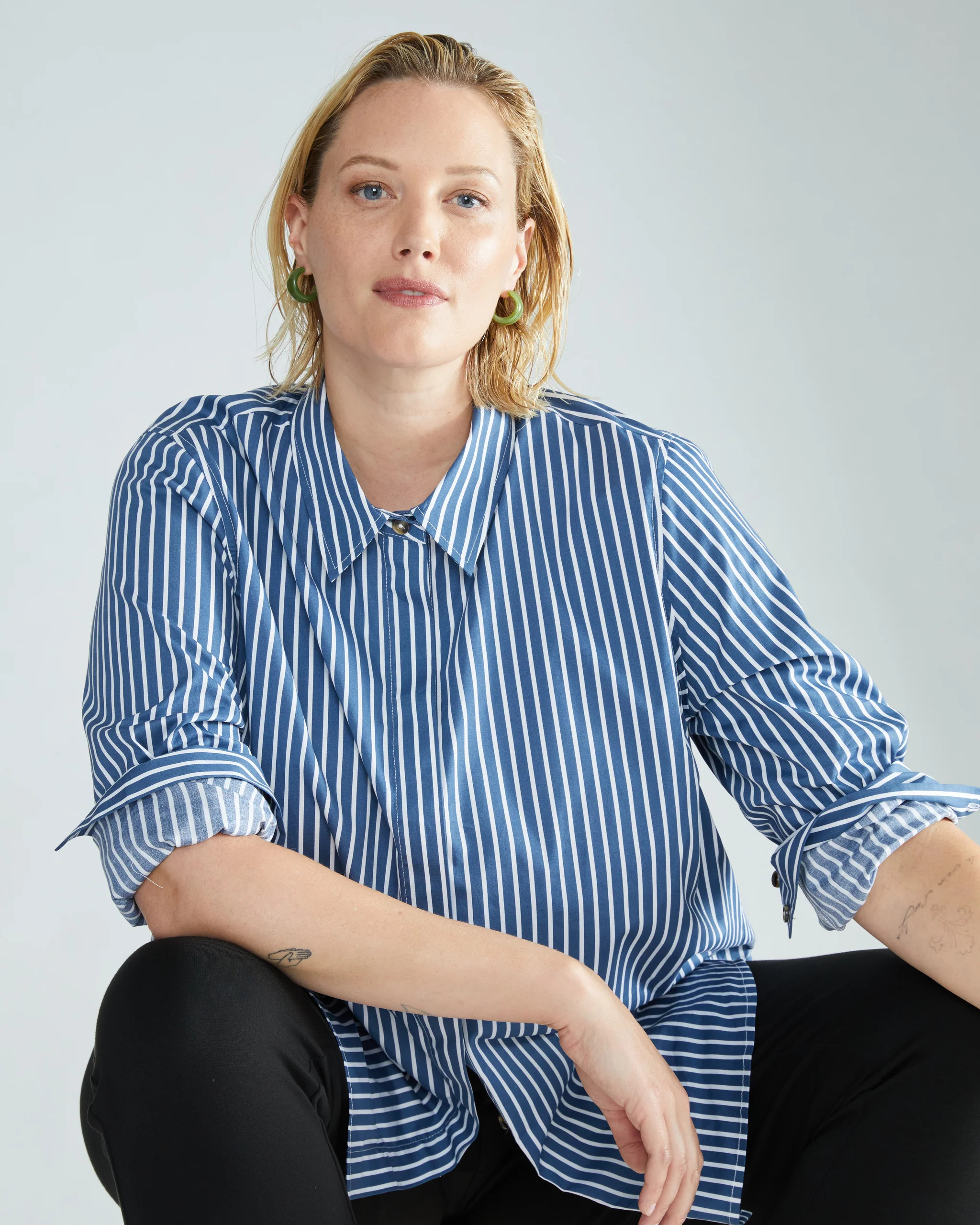 Elbe Stretch Poplin Shirt Classic Fit - Bleu Scolaire/White Stripe | Universal Standard