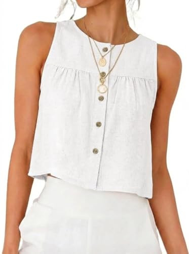 IDEALSANXUN Womens Crewneck Button Down Linen Tank Tops Spring Summer Sleeveless Shirts Blouse | Amazon (US)