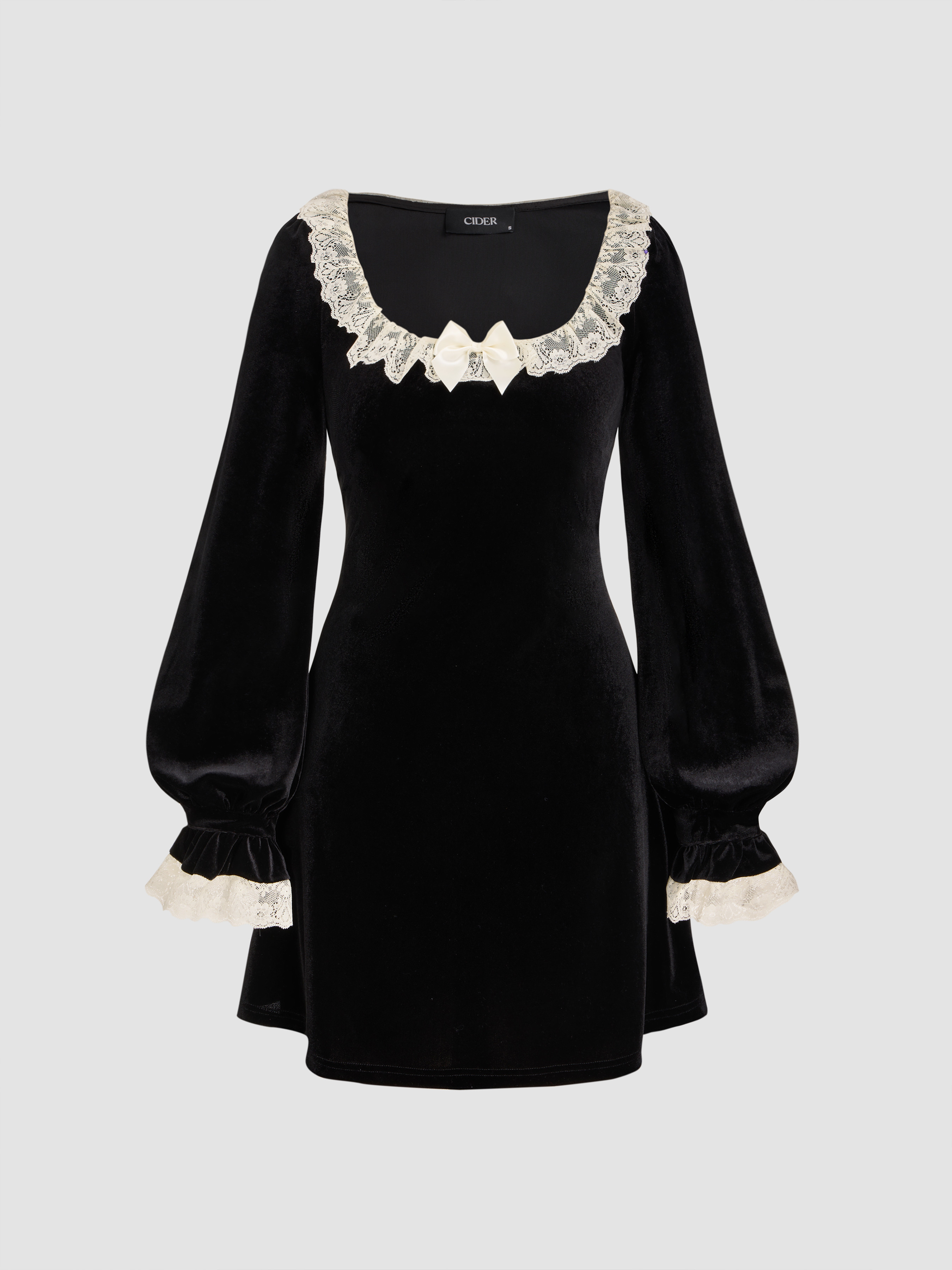 Party Dress For Party New Years Holiday Dress Velvet Velvet Scoop Neck Lace Bowknot Mini Dress | Cider