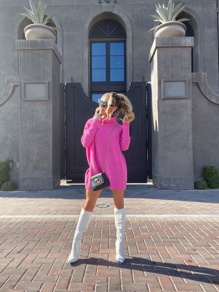 Pink sweater dress and high heel stiletto pointed toe white knee high boots 

#LTKSeasonal #LTKFind #LTKshoecrush