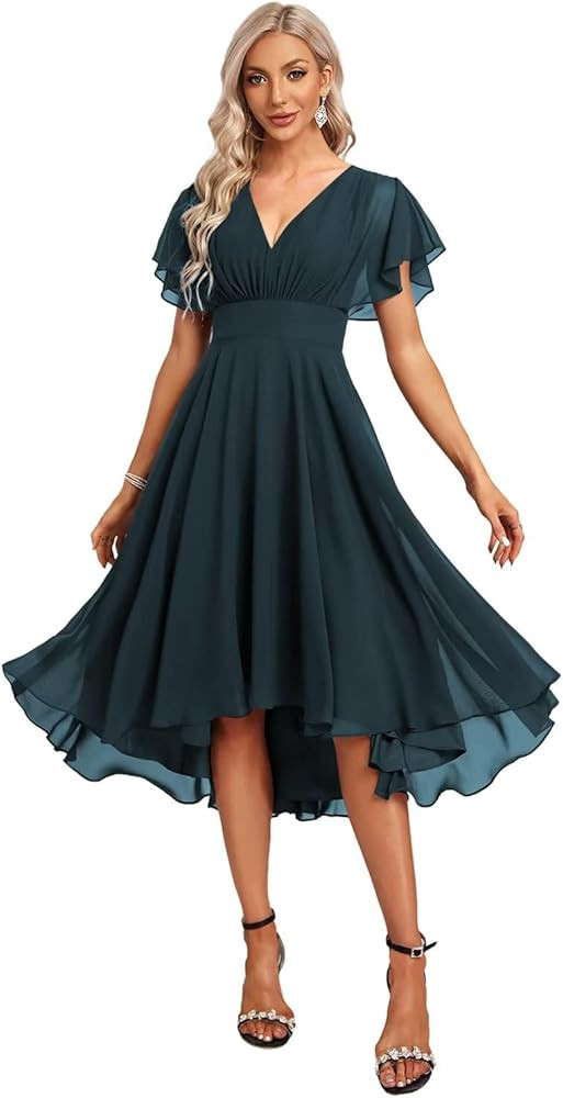 Women's Short Bridesmaid Dresses Flutter Sleeves Ruched Chiffon V Neck Formal Dress with Pockets ... | Amazon (US)