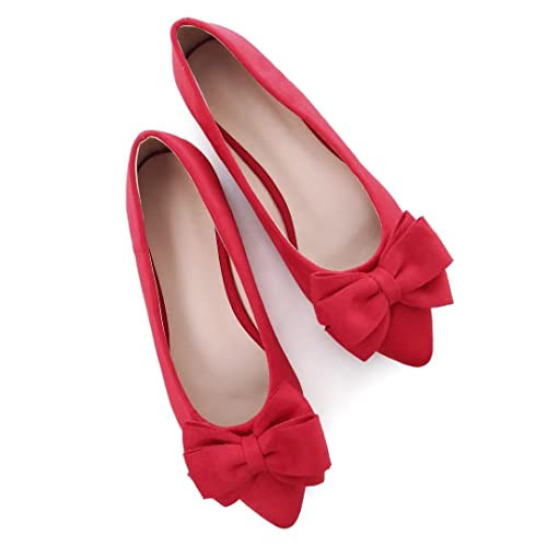 Stunner Women's Flats Fashion Pointed Toe Bowknot Flat Shoes Comfortable Cute Slip On Flats Red 39(7.5) | Amazon (US)