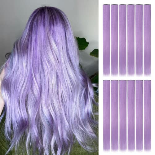 YaFex 12 Pcs Clip in Hair Extensions, 22 Inch Colored Hair Extensions Party Highlights Long Straight Synthetic Hairpieces for Women Kids Girls (Light Purple) | Amazon (US)