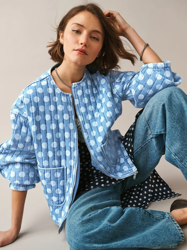 Mid Blue Polka Dot Quilted Denim Jacket | Next EU