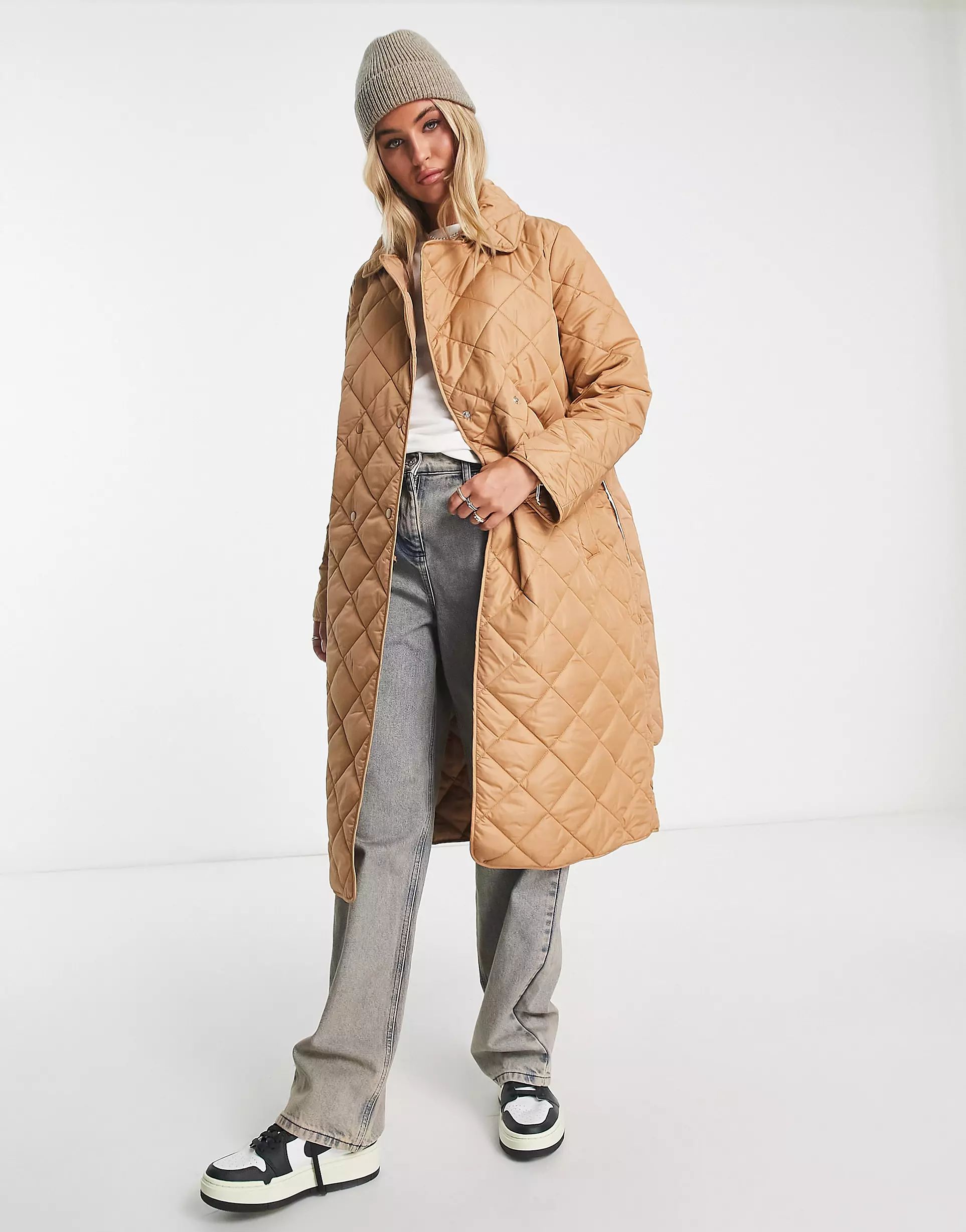 Fire & Glory quilted maxi coat in camel | ASOS (Global)