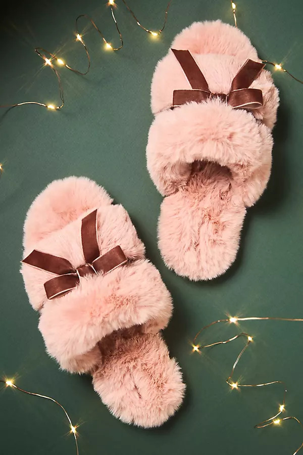 Faux-Fur Open-Toe Bow Slippers | Anthropologie (US)