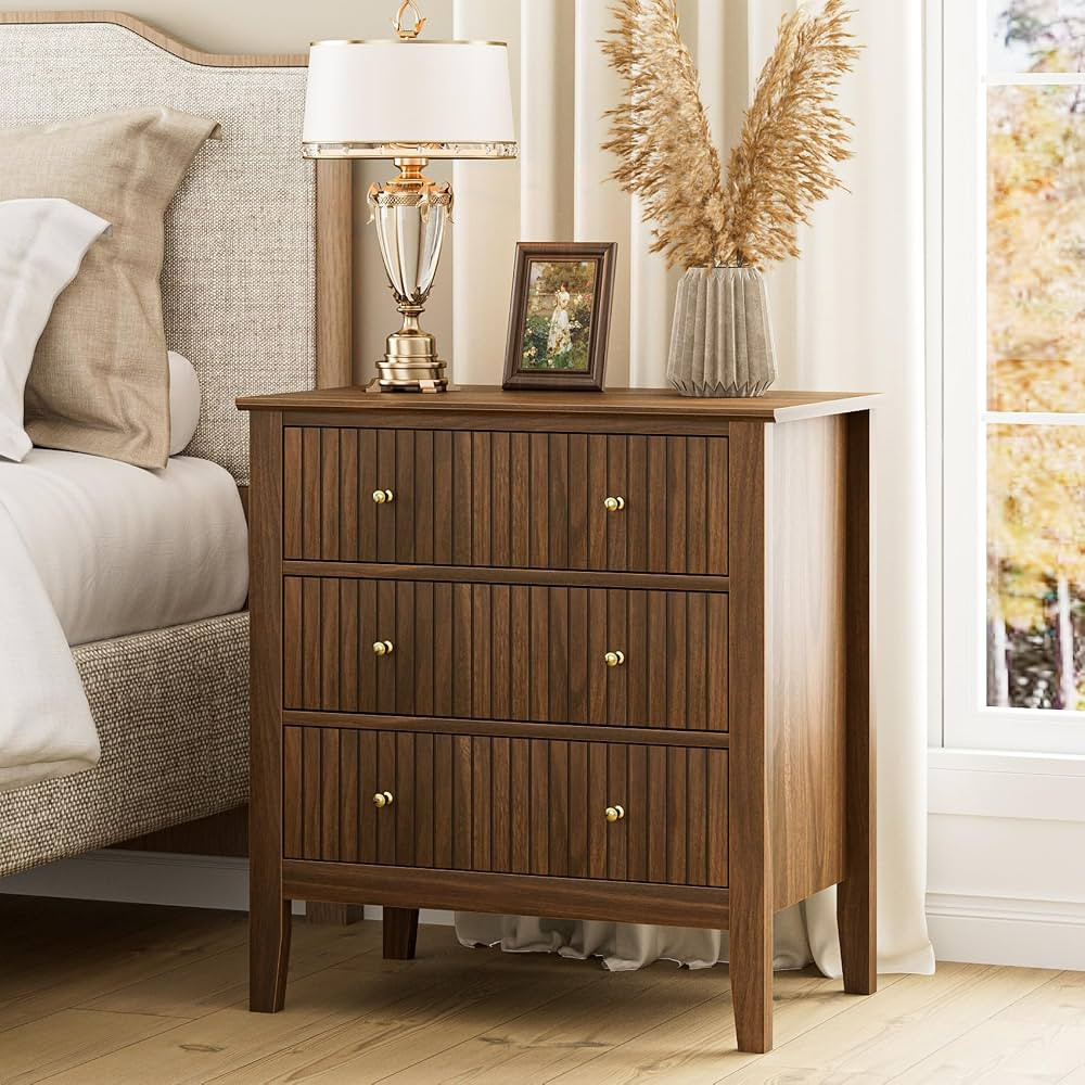 Apetaccat Night Stand, Fluted Wide Farmhouse Nightstand with 3 Drawer, Modern Wooden Bedside End ... | Amazon (CA)
