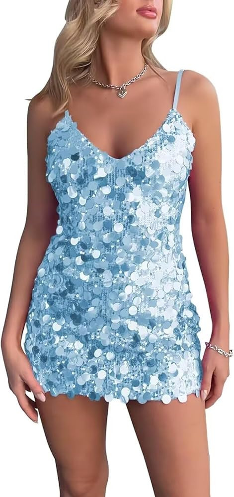 RYANTH Sequin Short Homecoming Dresses for Teens 2025 Sparkly V Neck Prom Dress for Women Tight C... | Amazon (US)