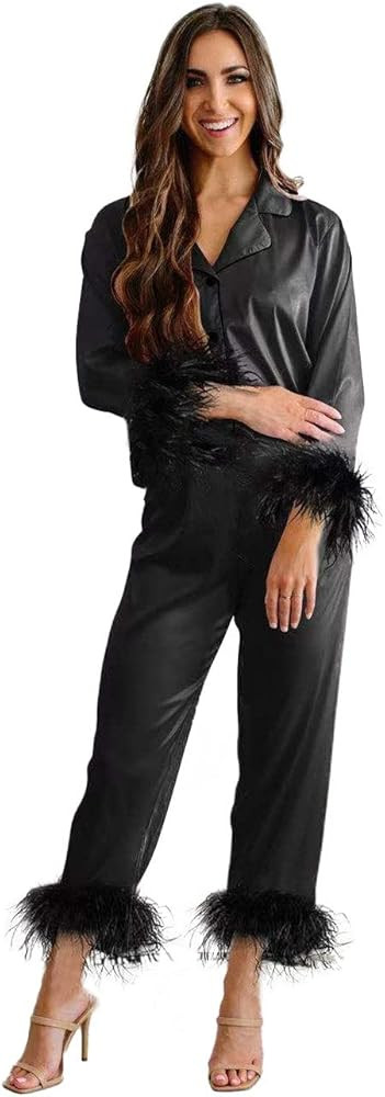 Belle's Design Women's Feather Trim Silk Satin Pajama Button Down Long Sleeve and Pants Set Sleep... | Amazon (US)