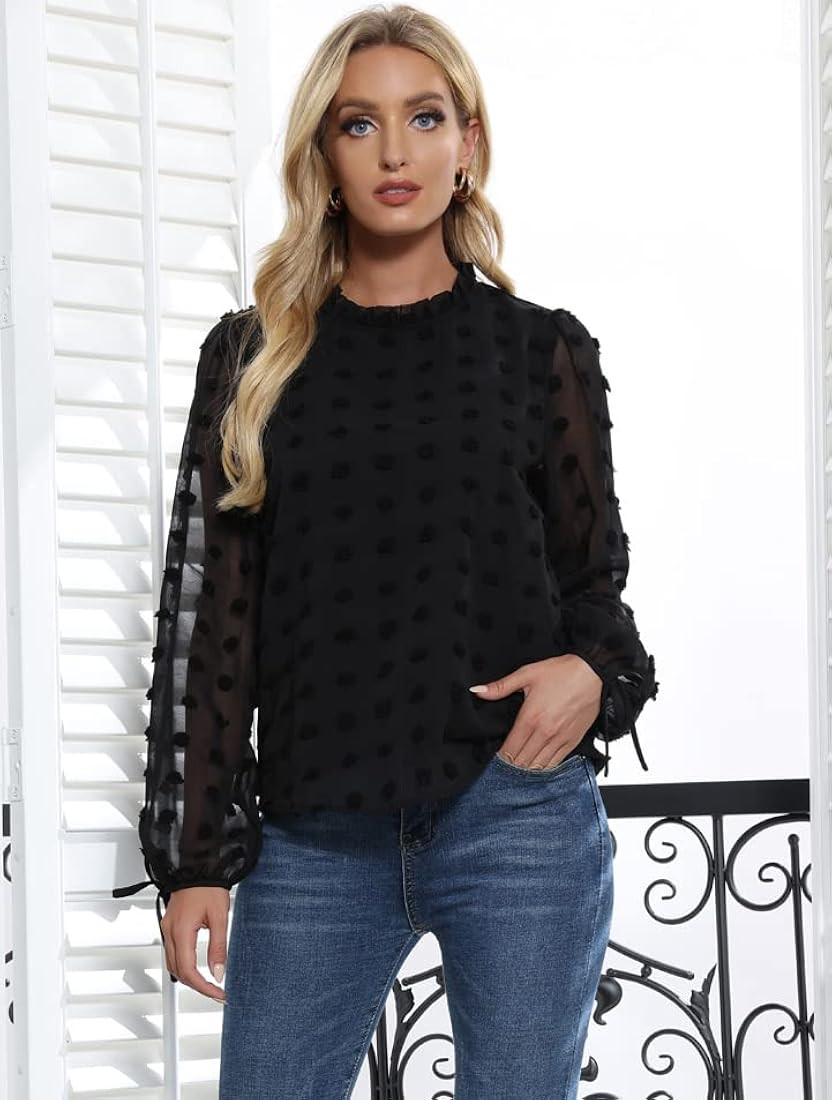 LIUMILAC Women Casual Swiss Dot Shirts Chiffon Dressy Blouses Pom Pom Long Sleeve Tops | Amazon (US)