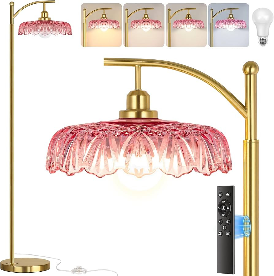 Gold Floor Lamp for Living Room, Dimmable Mid Century Modern Standing Lamp with Remote Control and Pink Glass Shade, 68" Tall Lamp for Bedroom, Vintage Retro Antique Glass Flower Lamp, Brushed Gold | Amazon (US)