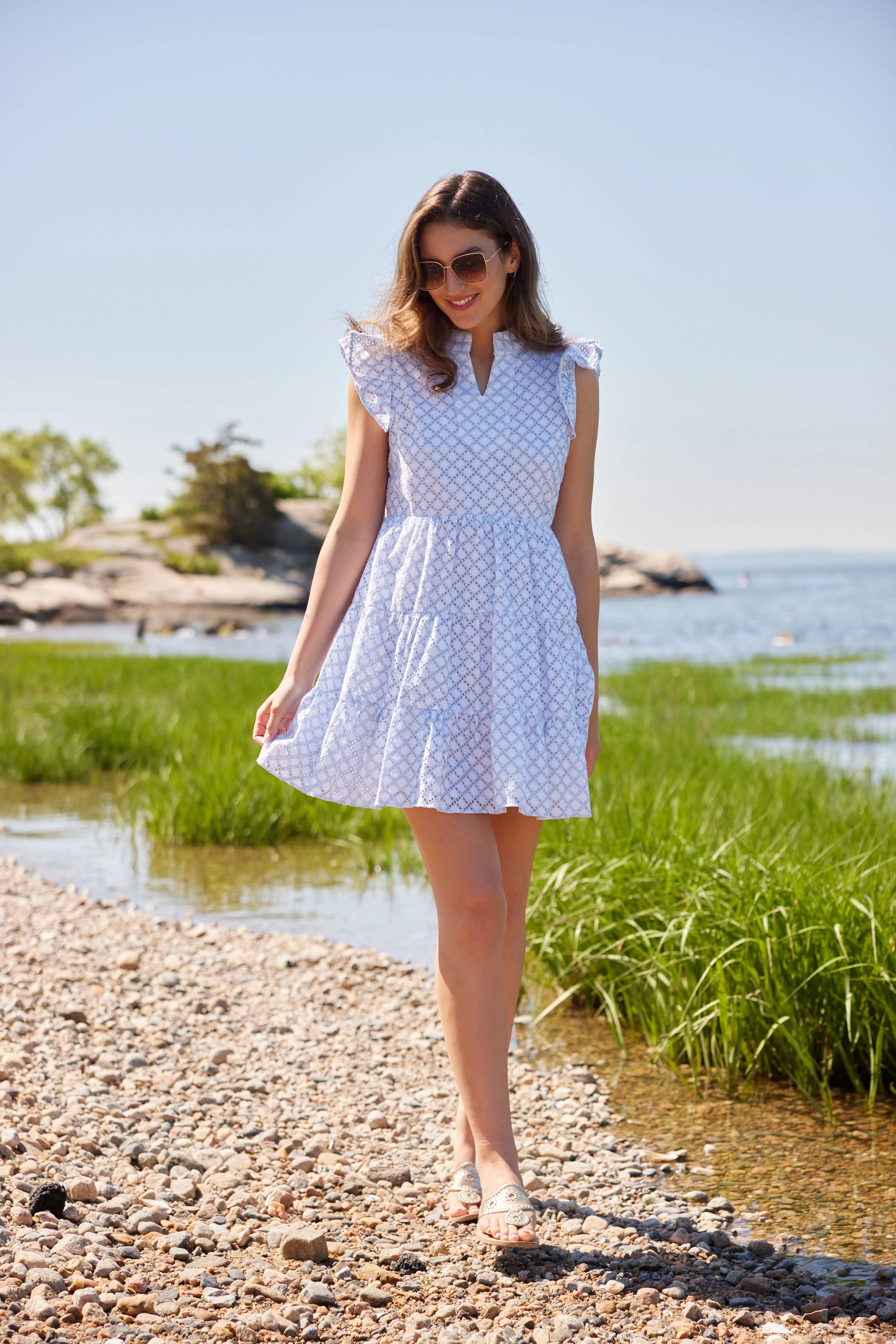 Lacecap Lattice Eyelet Flutter Sleeve Flare Tunic | Sail to Sable