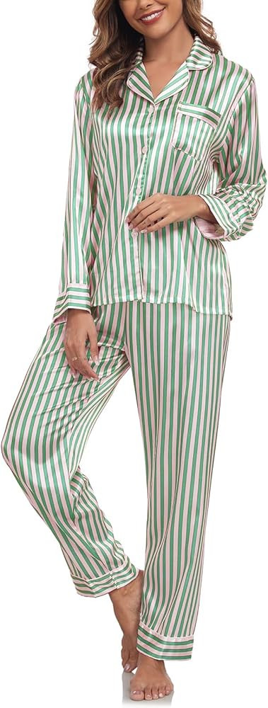 BestWendding Womens Satin Pajama Set Soft Long Sleeve Button Down Sleepwear 2 Piece Striped Loung... | Amazon (US)