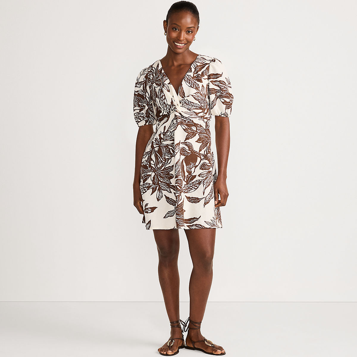 Women's Linen Above the Knee Puff Sleeve Dress | Lands' End (US)