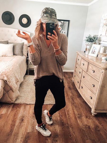 Target lightweight joggers fits tts, wearing a medium styled with a waffle top and ON X sneakers and camo hat. Perfect fall outfit for weekend or everyday. 

Target style, joggers, sneakers, fall outfit, trends, casual outfit, everyday outfit, amazon fashion, sale, fashion over 40