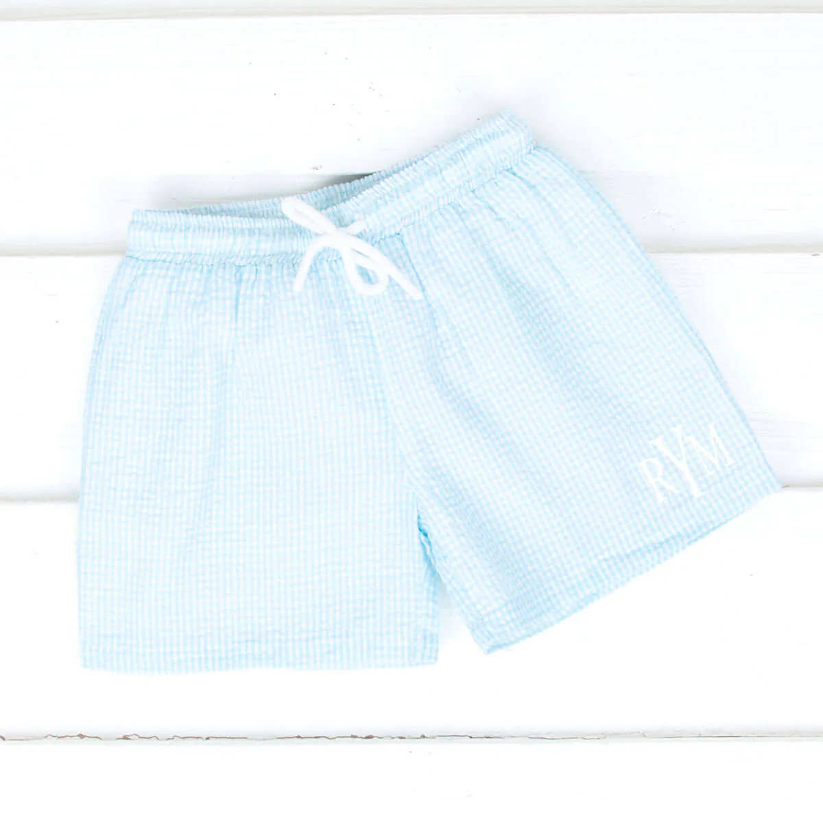 Sea Island Turquoise Gingham Boys Swim Trunks | Classic Whimsy