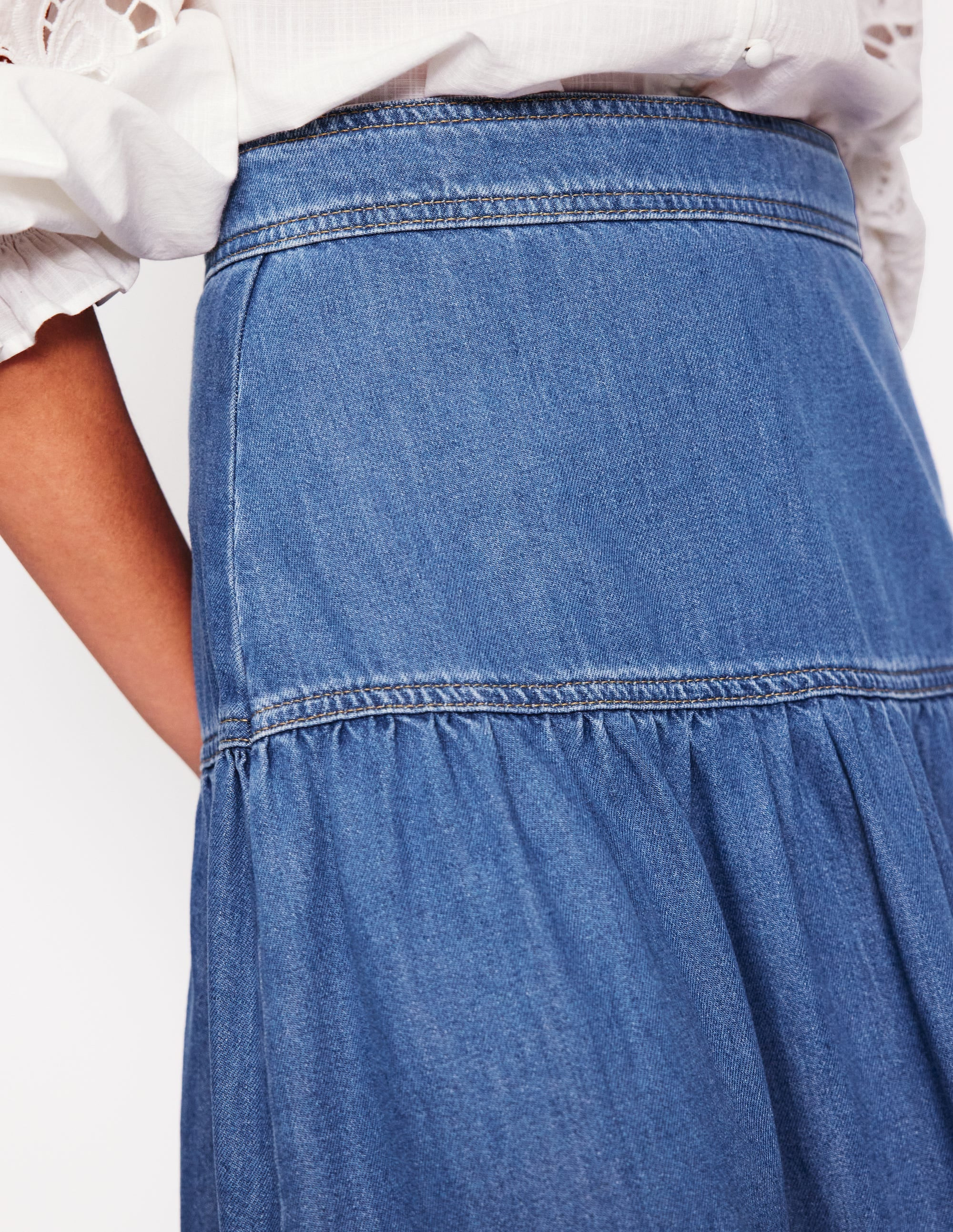 Yoke Detail Denim Midi Skirt-Mid Vintage | Boden UK