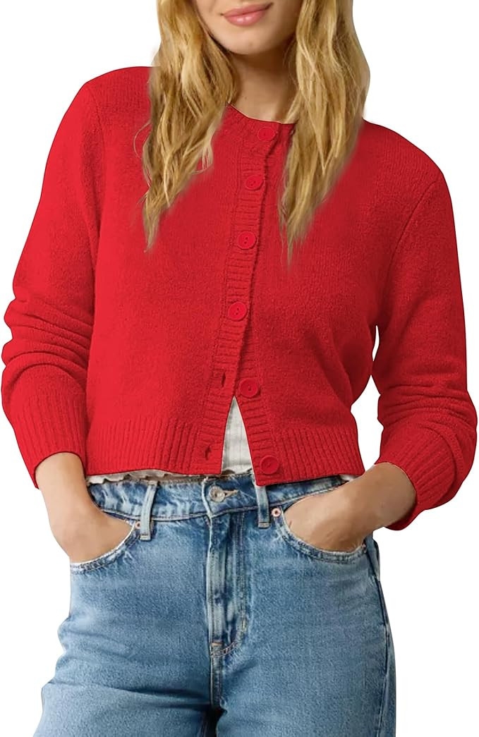 Urban CoCo Women's Crew Neck Cropped Cardigan Sweaters Long Sleeve Open Front Button Down Shrug S... | Amazon (US)