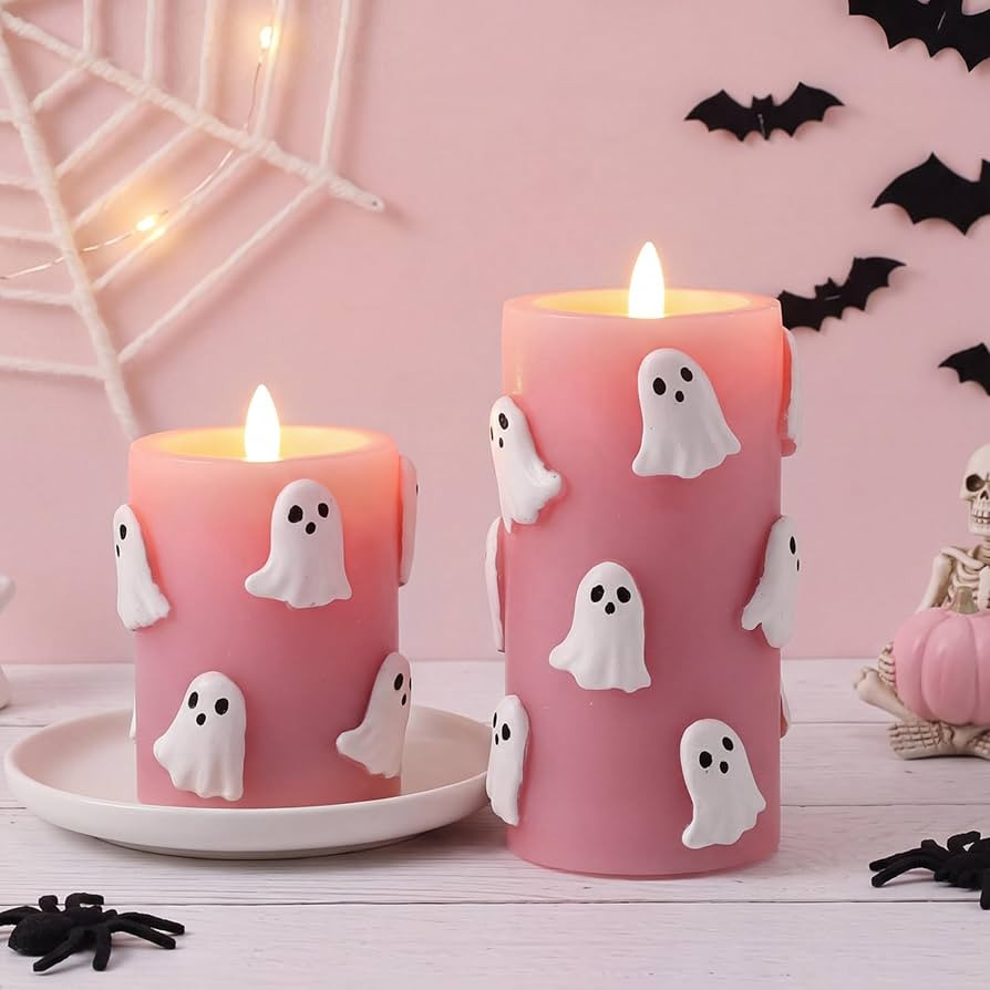 Glooglitter Pink Halloween Flameless Candles 3D Ghost LED Candle with Remote and Timer Spooky Boo... | Amazon (US)