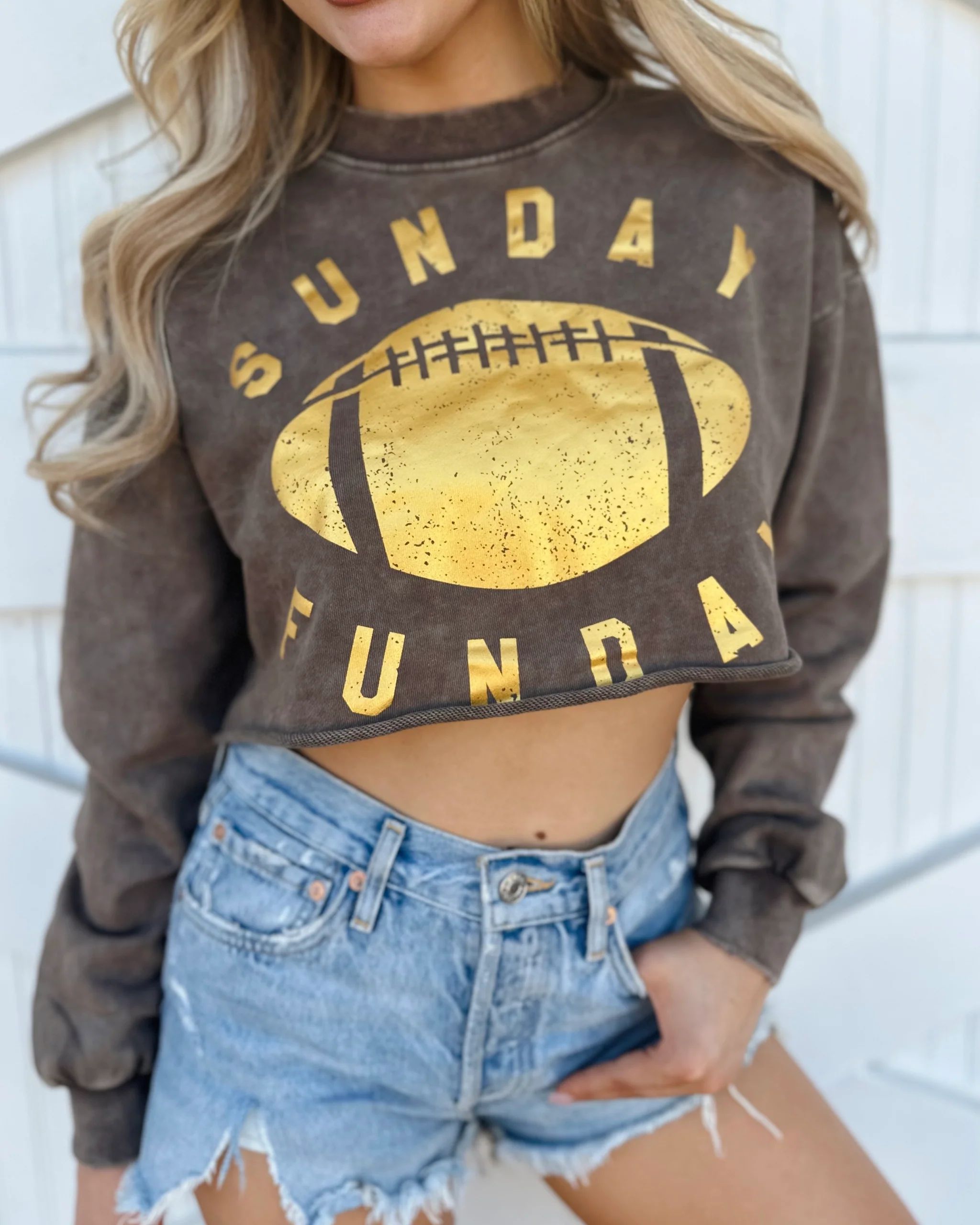 Mineral-Wash “SUNDAY FUNDAY” Mocha Gold Foil Cropped Pullover | Live Love Gameday®