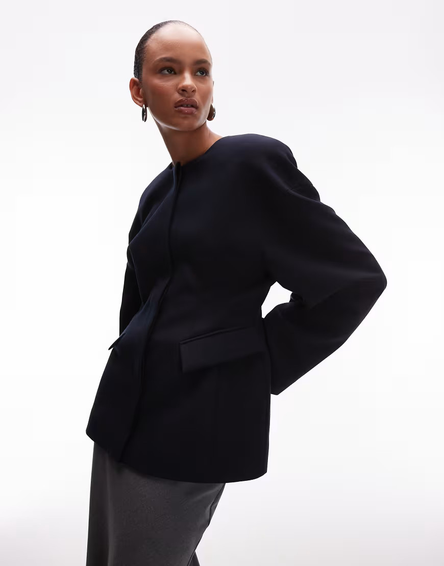 ASOS DESIGN sculpted collarless blazer in navy | ASOS (Global)