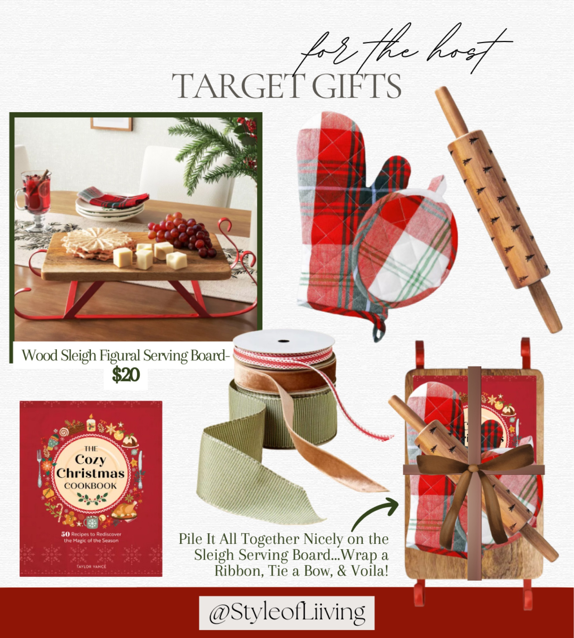 Gift ideas for the host from Target! Sleigh serving board, oven mitten and pot holder red and white plaid, rolling pin, cookbook, Christmas ribbons.

#LTKGiftGuide #LTKHoliday #LTKHome