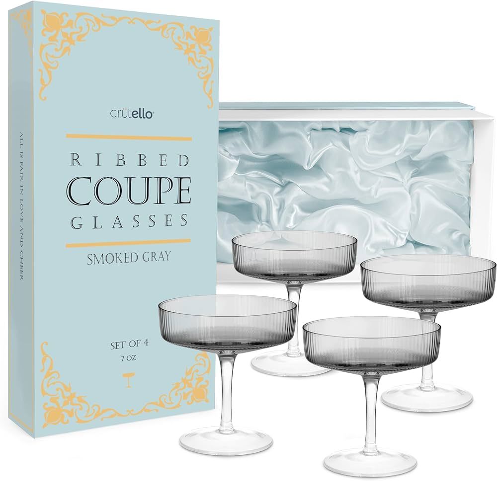 Crutello Champagne Coupe Glasses Set of 4, Smoked Gray, 7oz Vintage Cocktail Glass, Ribbed Fluted... | Amazon (US)