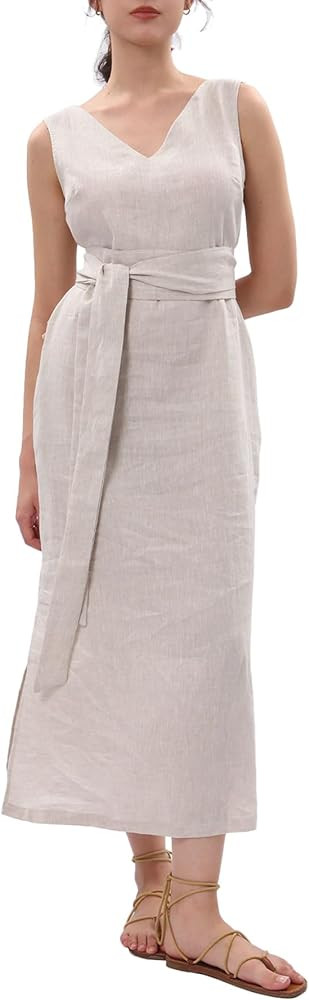 Amazhiyu Womens 100% Linen Summer Sleeveless V-Neck Midi Dresses with Pockets | Amazon (US)