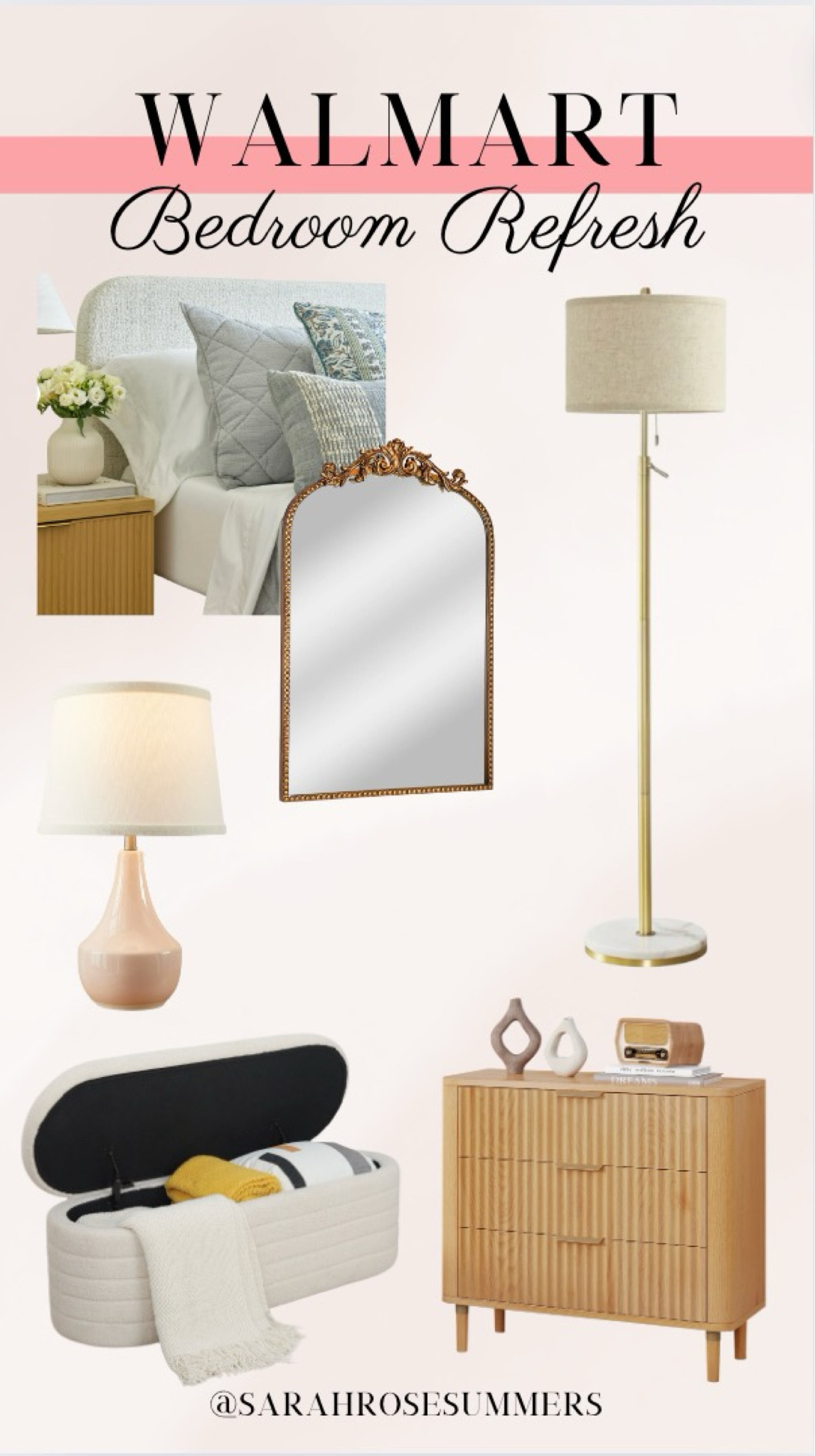 Bedroom refresh from Walmart home. Storage chest bench. Chest of drawers. Floor length lamp. Headboard and bedding. Mirror

#LTKHome #LTKSaleAlert