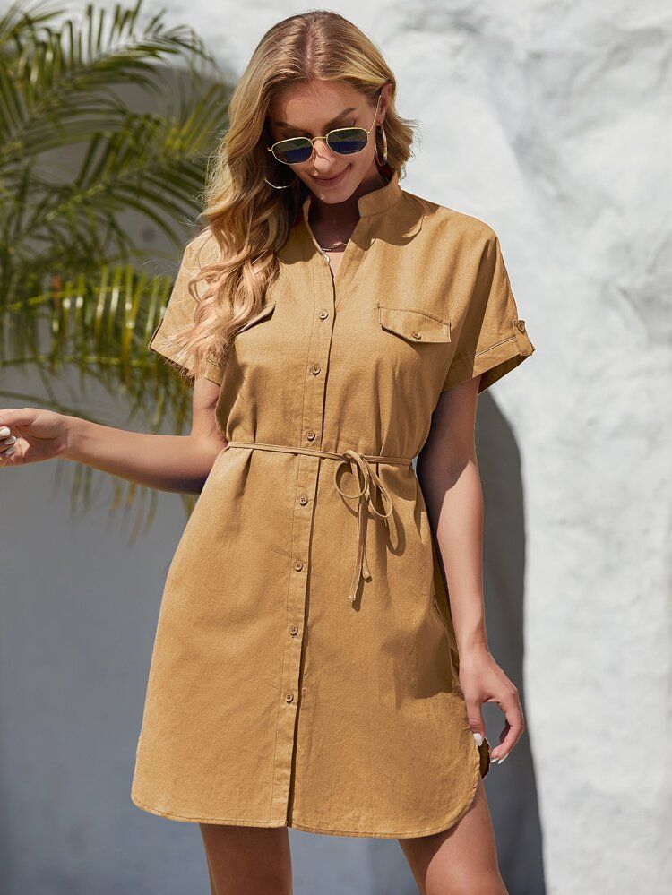 New
     
      Notched Neck Button Up Belted Dress | SHEIN