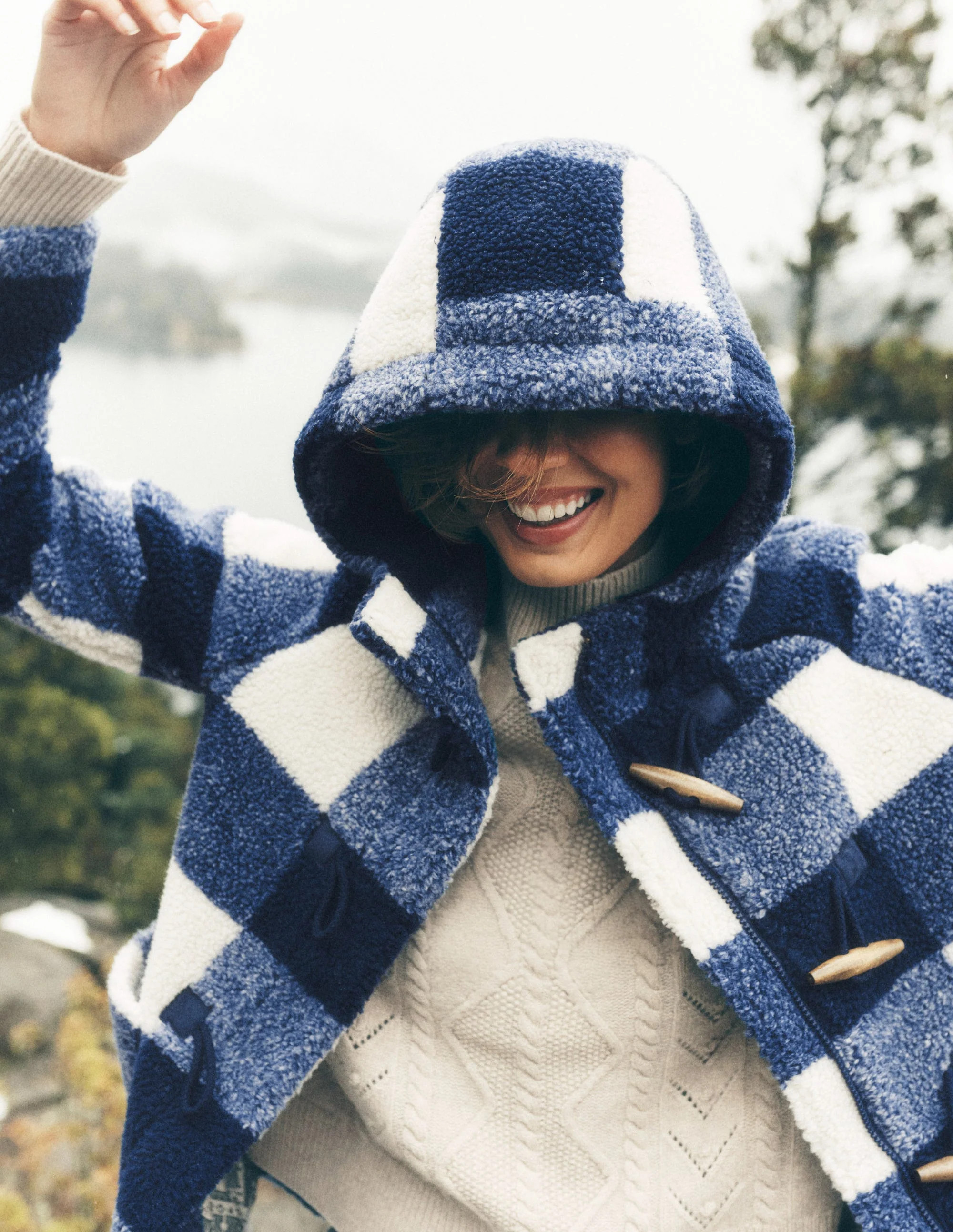 Borg Duffle Coat-College Navy Gingham | Boden (US)