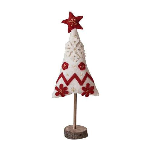 Creative Co-Op Handmade Wool Felt Christmas Tree with Applique, Embroidery and Wood Slice Base, Red and White | Amazon (US)