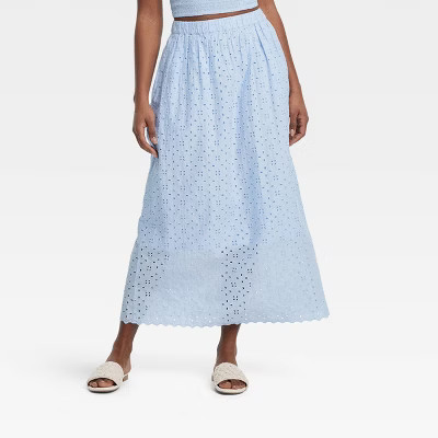 Women's Eyelet Maxi A-Line Skirt - Universal Thread™ Blue S: High Rise, Lightweight Cotton, Elastic Waistband, Side Pocket | Target