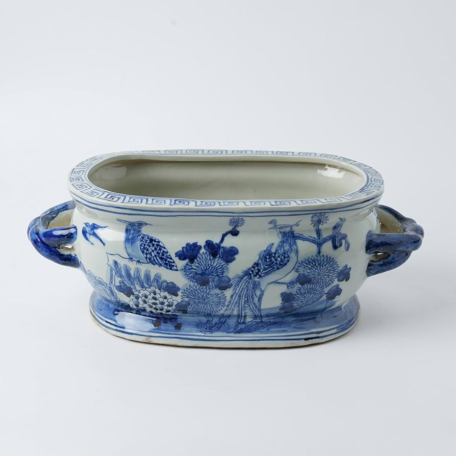 JINDEZHEN Vintage Blue and White Flower & Birds Porcelain Footbath Planter Chinoiserie Scenery Mo... | Amazon (US)