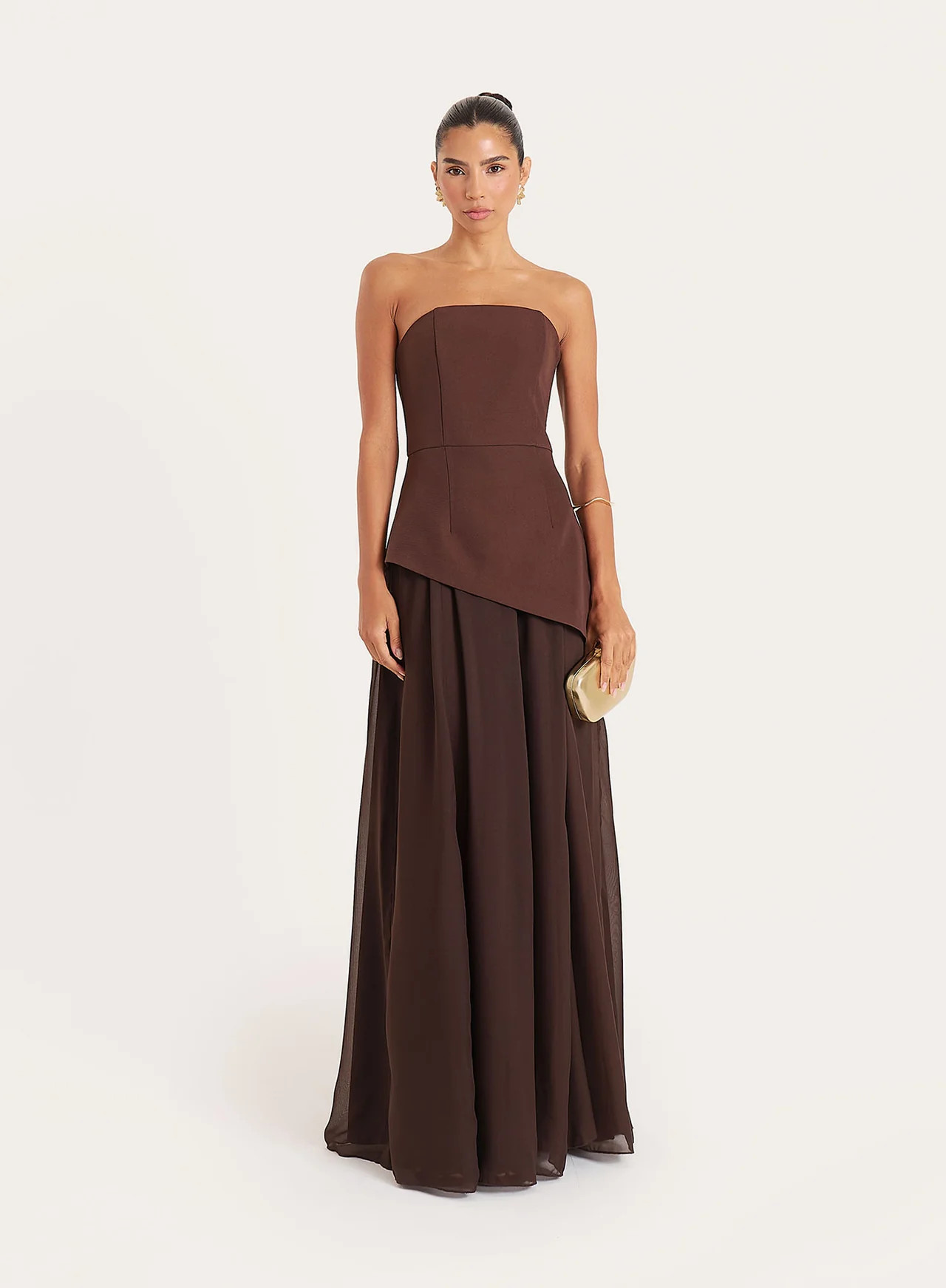 Women's Chocolate Bandeau Asymmetric Detail Maxi Dress | Kathryn | 4th & Reckless | 4th & Reckless