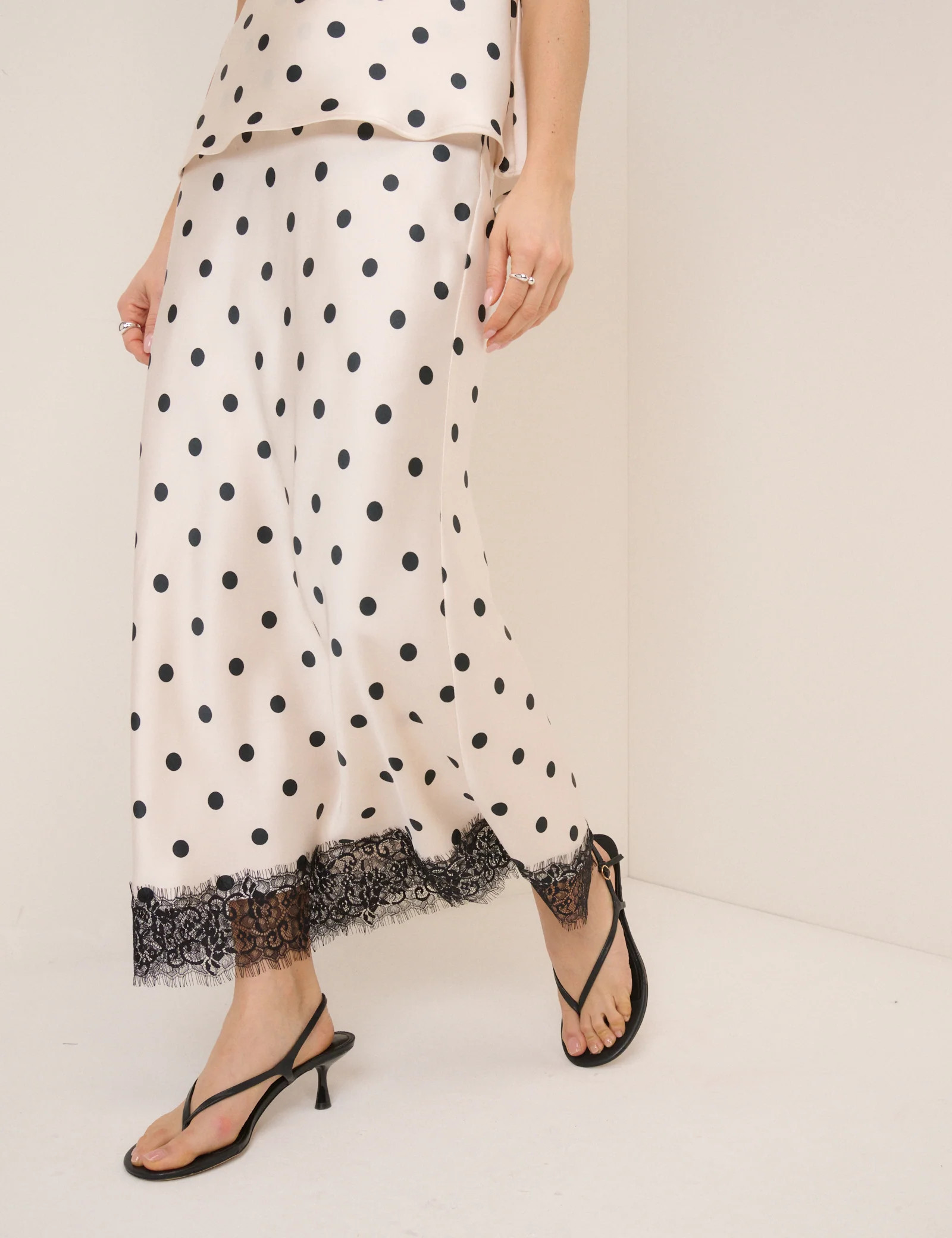 White Polka Dot Satin Mila Midi Skirt | Nobody's Child