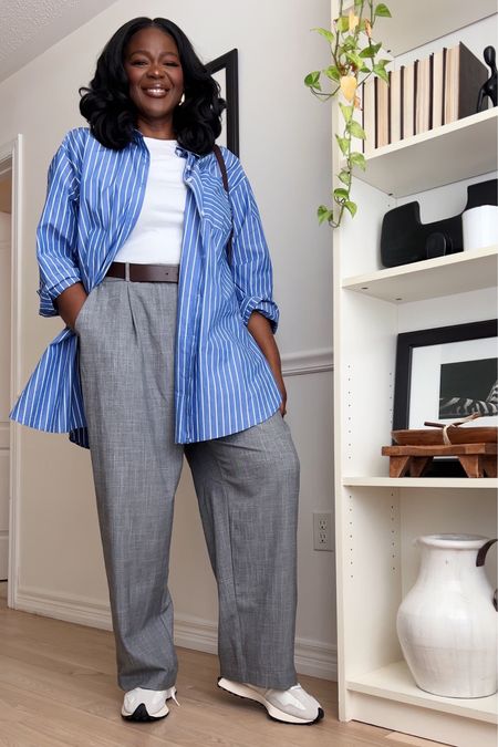 Plus size striped bottom down shirt with white tee and gray pants . Smart casual outfit, new balance outfit, blue shirt, spring outfit, work outfit

#LTKplussize #LTKSeasonal #LTKworkwear