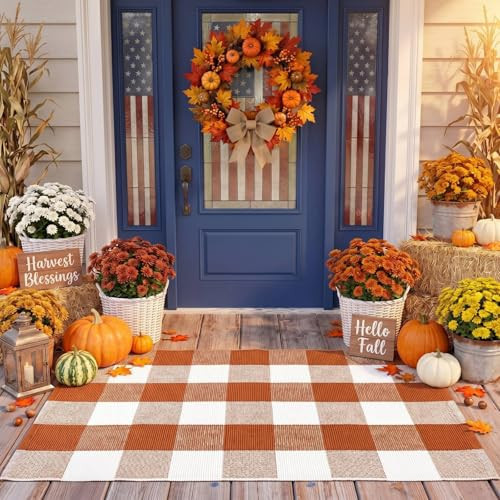 Moucuny Fall Buffalo Plaid Outdoor Rugs 23.6'' x 35.4'' Coffee and White Checkered Area Rug Cotton Woven Autumn Welcome Door Mats for Fall Porch Entryway Decor | Amazon (US)