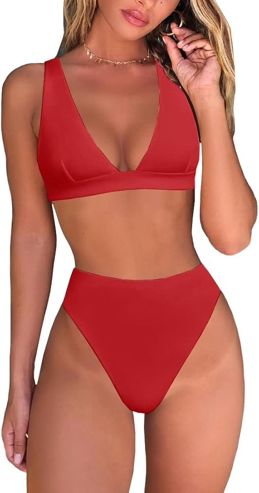 Womens High Waisted Thong Bikini Sets Sexy Brazilian Triangle Top Deep V Neck Two Piece Swimsuit ... | Amazon (US)