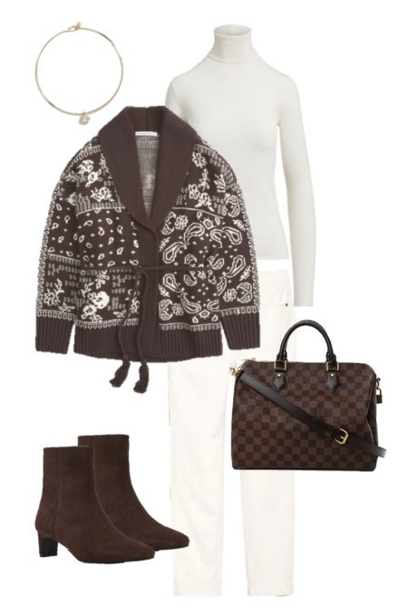 Cool girl winter outfit 

Bandana print cardigan 
Abercrombie finds
White jeans 
Chocolate brown booties
Louis Vuitton speedy 30 

#LTKSeasonal #LTKSaleAlert #LTKFindsUnder100
